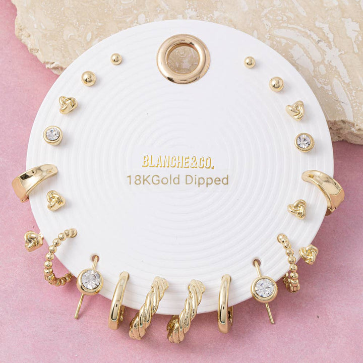 18K Gold Dipped Knot Stud And Hoop Ten Pair Earring Set