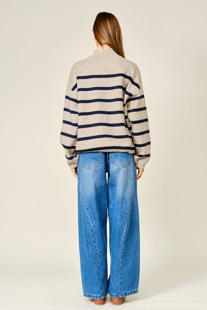 Mary Ann Striped Mock Neck Zip-Up Sweater