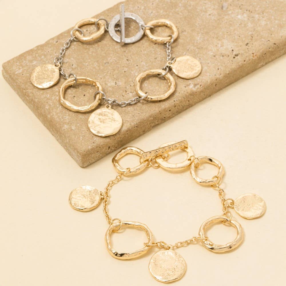 Warped Hoop And Coins Chain Bracelet