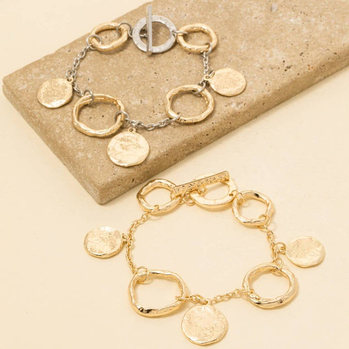 Warped Hoop And Coins Chain Bracelet