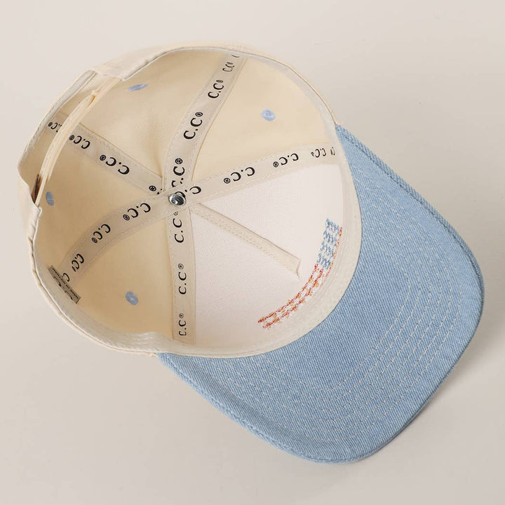 Floral American Flag Embroidered Two-Tone Denim Trucker Hat