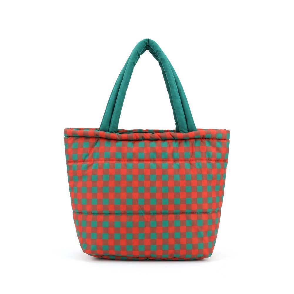 Brown Gingham Check Mini Puffer Tote Bag
