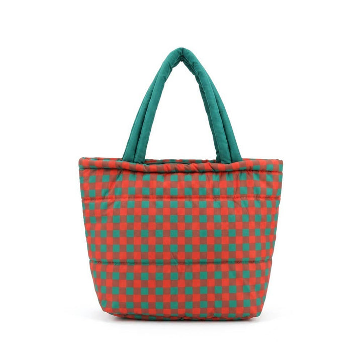 Brown Gingham Check Mini Puffer Tote Bag