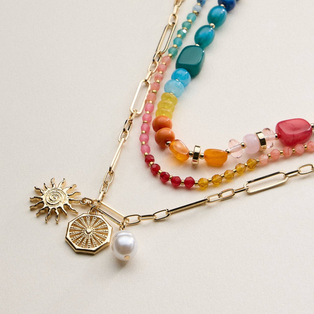 Layered Beaded and Chain Necklace with Sun and Pearl Charms | Gold Accent Design