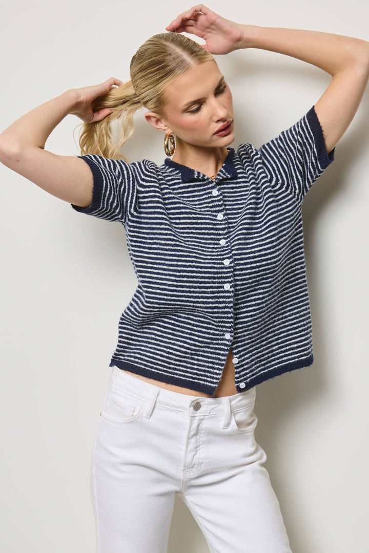 The Lucy Stripe Cardigan in Navy