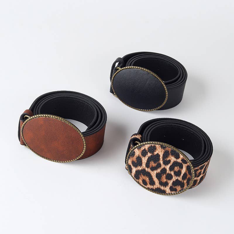 Western Oval Buckle Faux Leather &amp; Leopard Belt | 40BT660