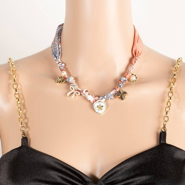 Enamel Heart And Ribbon Bow Charms Bandana Knotted Necklace