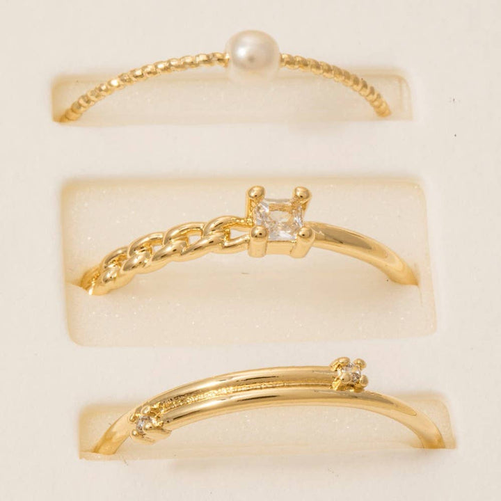 Secret Box Gold Dipped Pearl And Gem Stud Band Rings Set