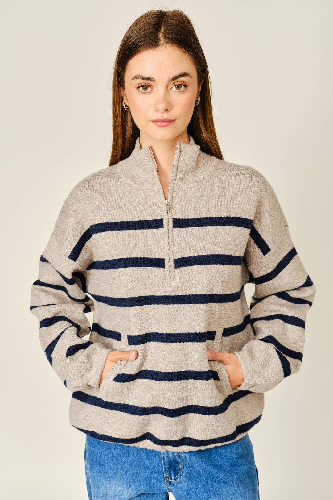 Mary Ann Striped Mock Neck Zip-Up Sweater