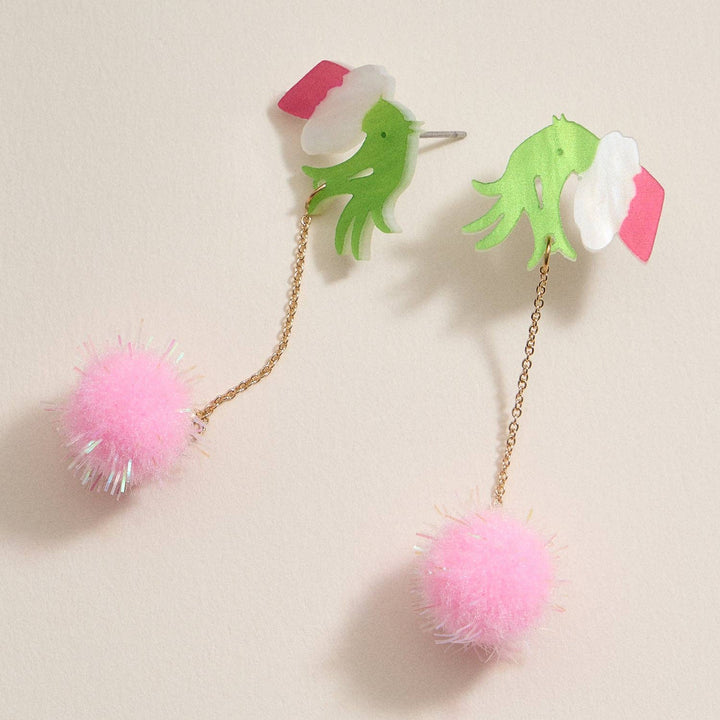 Green Monster Pom Pom Drop Earrings | Whimsical Acrylic Earrings
