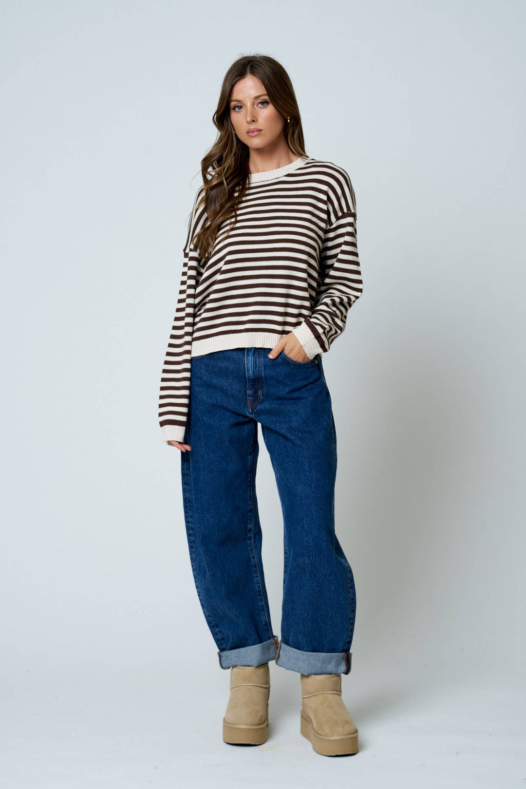Oatmeal &amp; Brown Stripe Back Button Sweater