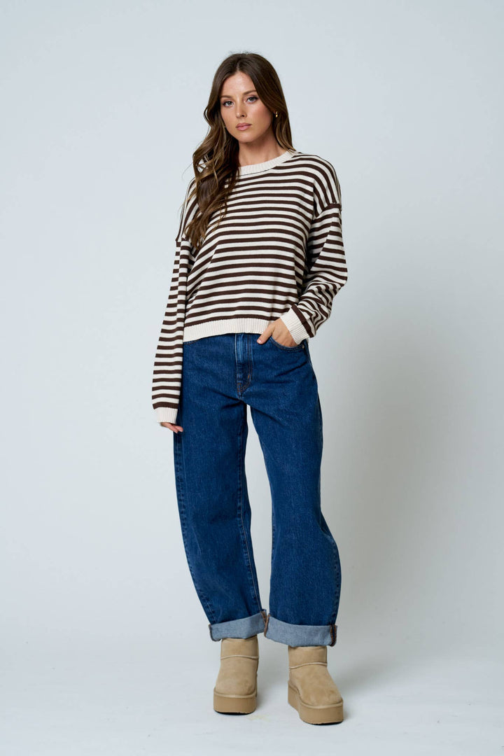 Oatmeal &amp; Brown Stripe Back Button Sweater