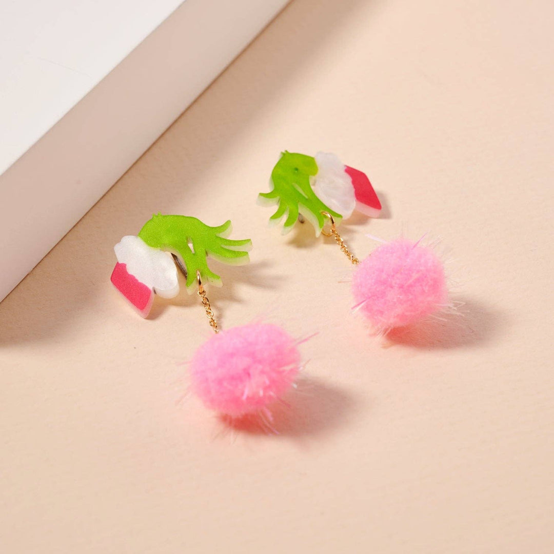 Green Monster Pom Pom Drop Earrings | Whimsical Acrylic Earrings