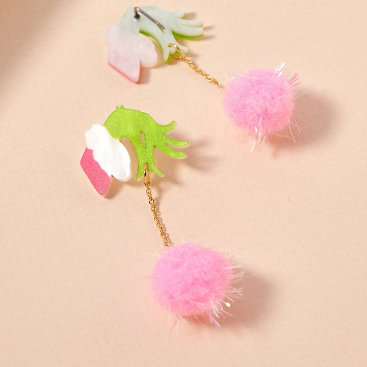 Green Monster Pom Pom Drop Earrings | Whimsical Acrylic Earrings