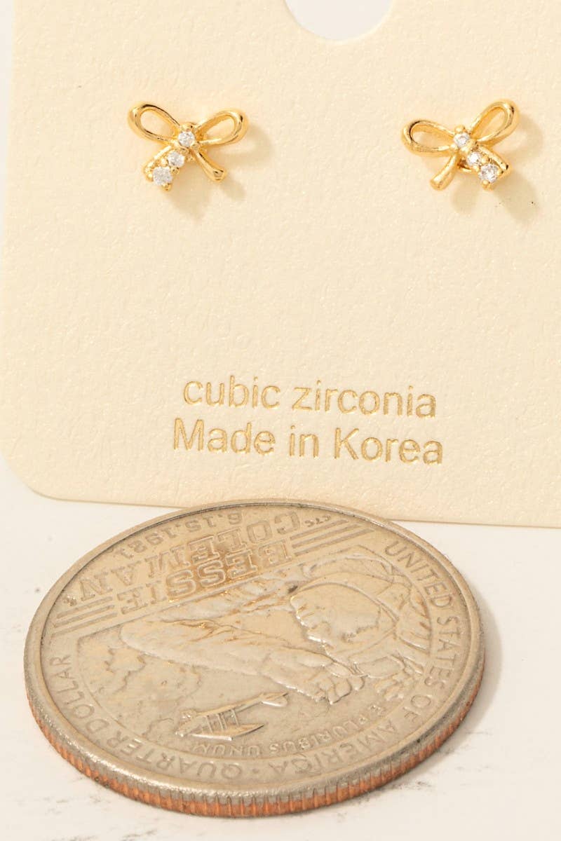 Gold Dipped Mini Cz Bow Stud Earrings