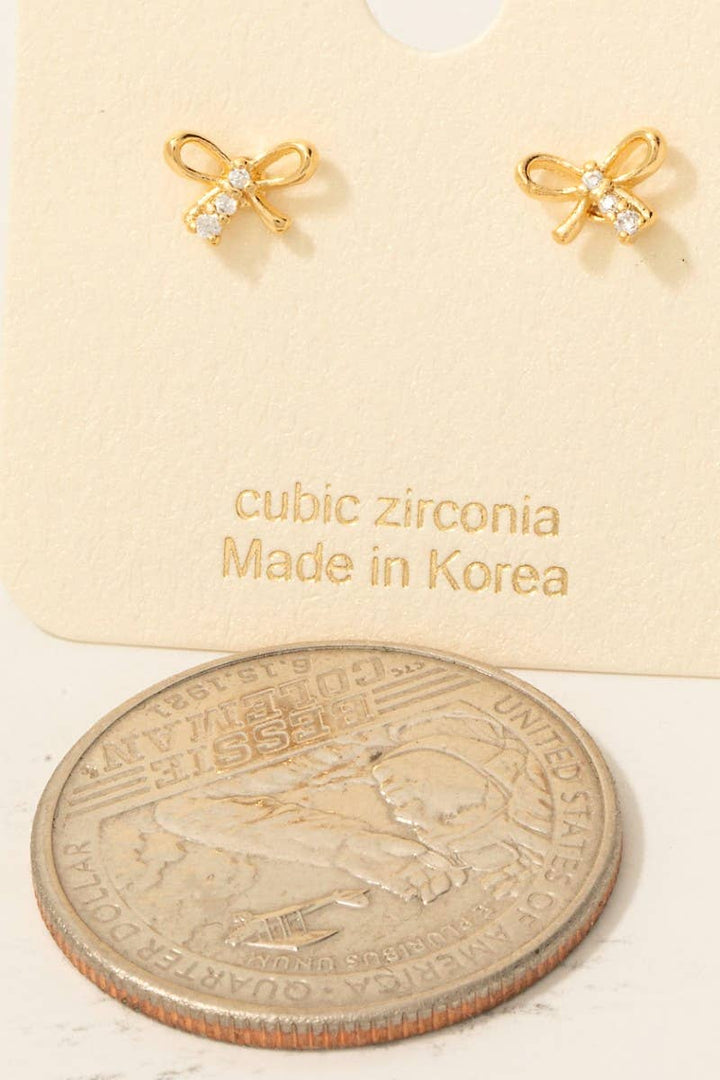 Gold Dipped Mini Cz Bow Stud Earrings