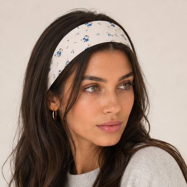 Blue Stripe &amp; Vintage Floral Printed Headband Set