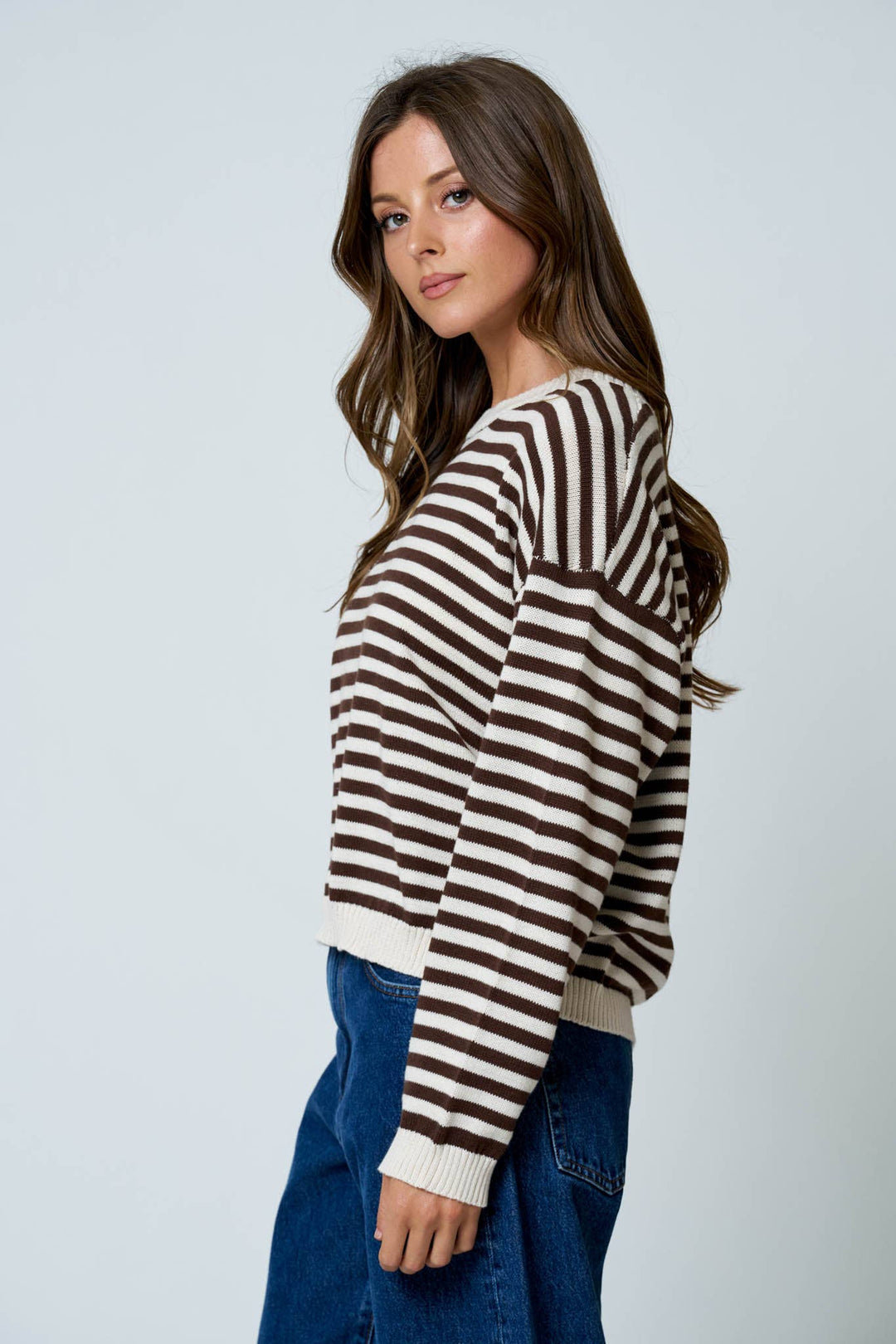 Oatmeal &amp; Brown Stripe Back Button Sweater