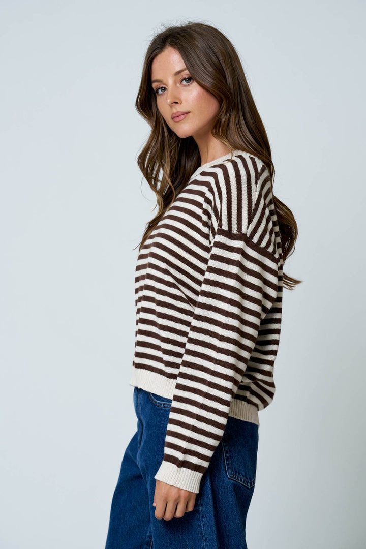 Oatmeal &amp; Brown Stripe Back Button Sweater